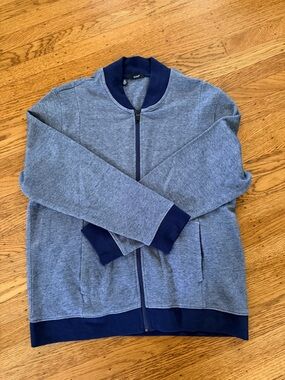 Alfani XL Men's Heather Blue Full-Zip Bomber Sweater with Navy Trim